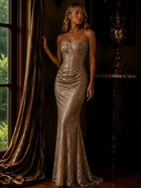 NWOT House Of Cb Persephone Strapless Lace-Detail Evening Gown Metallic Gold S
